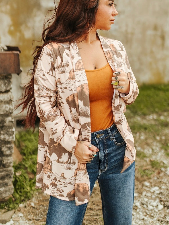 Beige Buffalo Print Cardigan