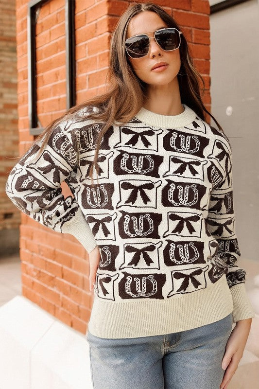 Western Bow and Horseshoe Print Sweater