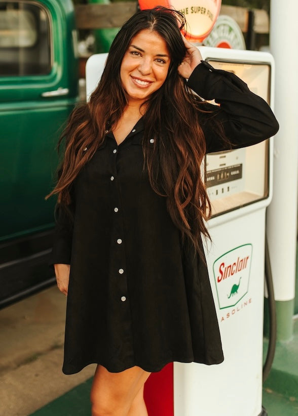 Black Suede Pearl Snap Dress