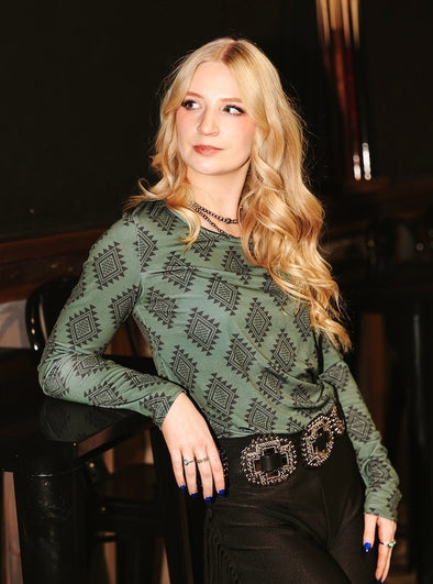 Olive Aztec Long Sleeve Top