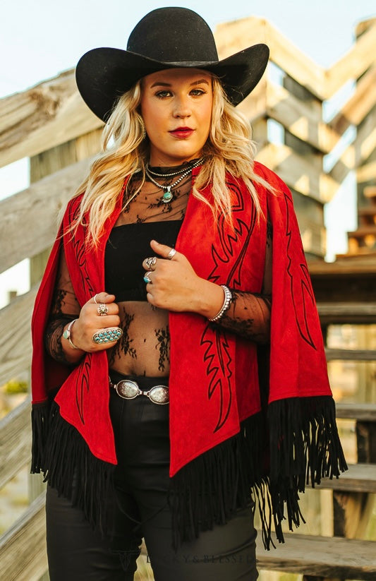 Red Bootstitched Suede Style Cape