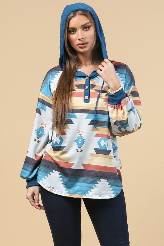 Aztec Print Hoodie with Quarter Buttons