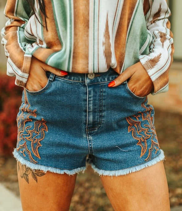 Midwash Frayed Shorts with Embroidered Details