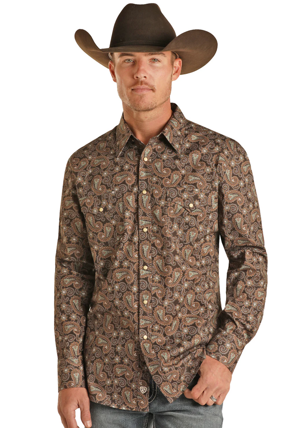 Dark Brown Paisley Woven Pearl Snap