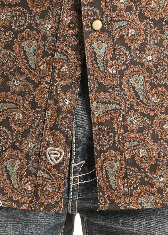 Dark Brown Paisley Woven Pearl Snap