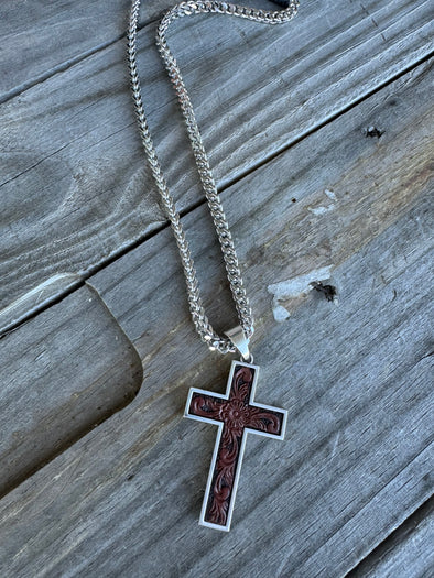 Leather Tooled Cross Necklace