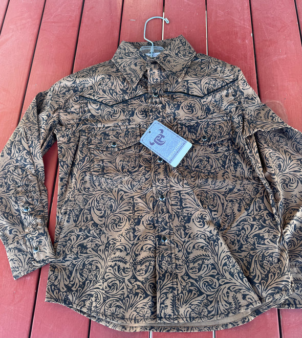 Brown/Black Tooled Leather Printed Pearl snap