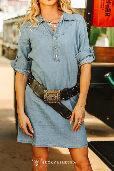Light Wash Denim Long-sleeve Yoke Dress