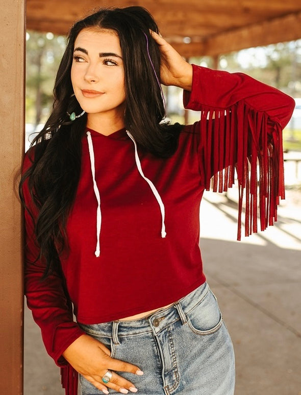 Fringe Sleeve Cropped Hoodie