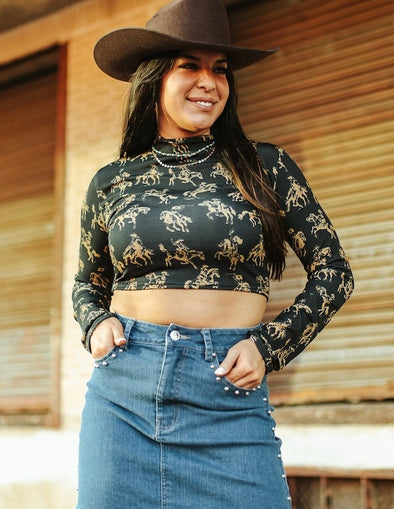 Black Bronc Print Knit Crop