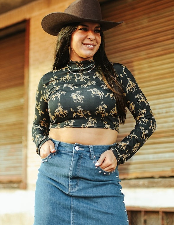 Black Bronc Print Knit Crop