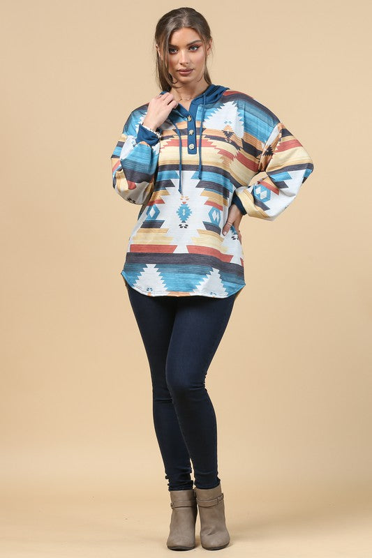 Aztec Print Hoodie with Quarter Buttons