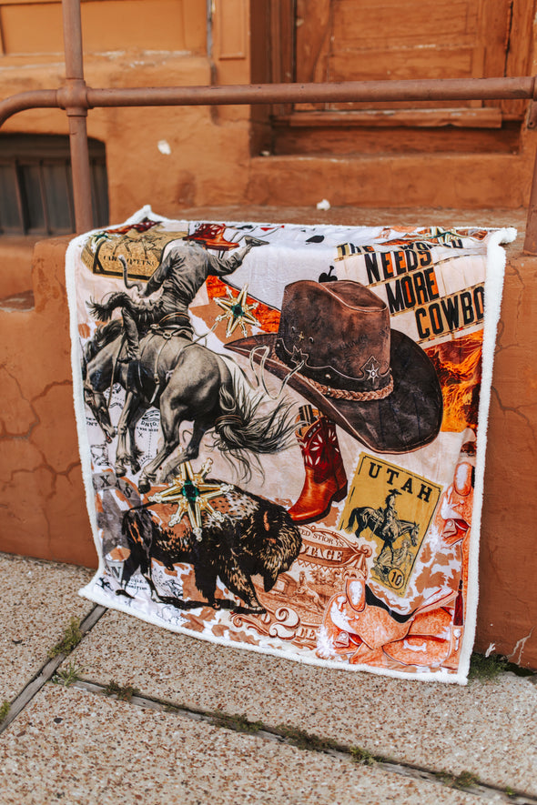 Western Cowboy Collage Printed Sherpa Blanket
