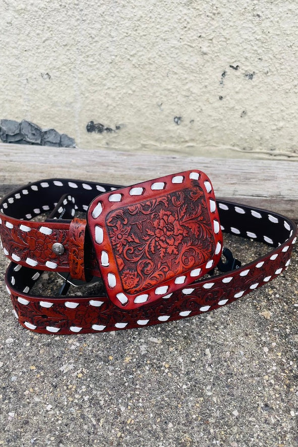 Brown Tooled Belt w/ Buckle