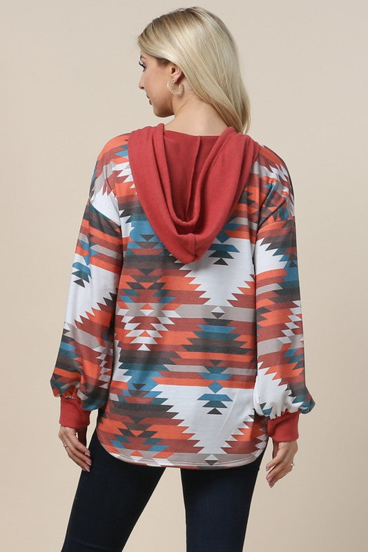 Aztec Print Hoodie with Quarter Buttons