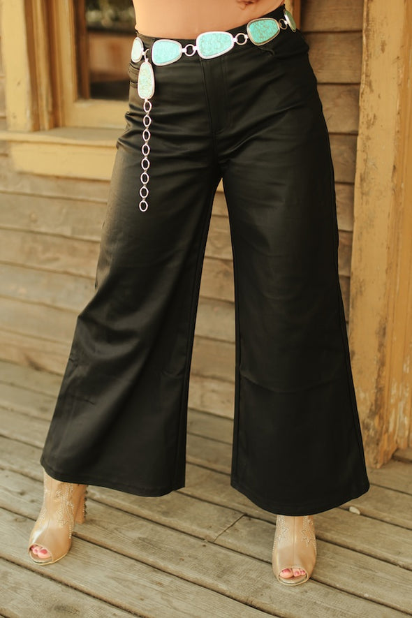 Black Faux Leather Cropped Wide Leg Pants