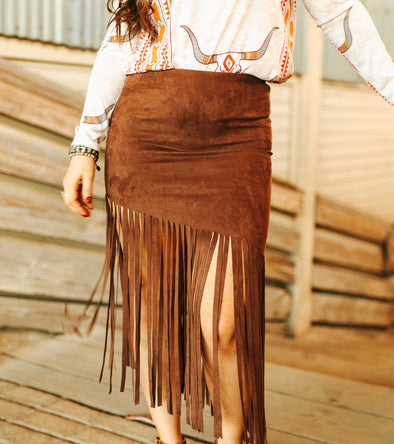 Brown Suede Fringed Skirt