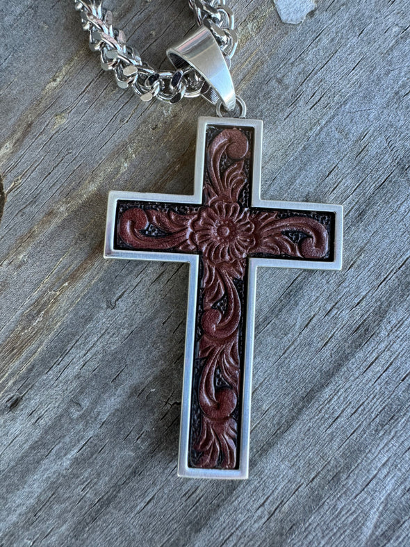 Leather Tooled Cross Necklace