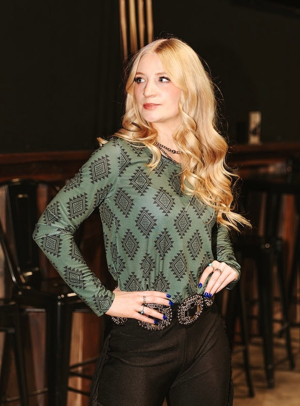 Olive Aztec Long Sleeve Top