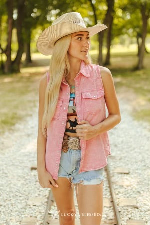 Pink Denim Sleeveless Snap Shirt