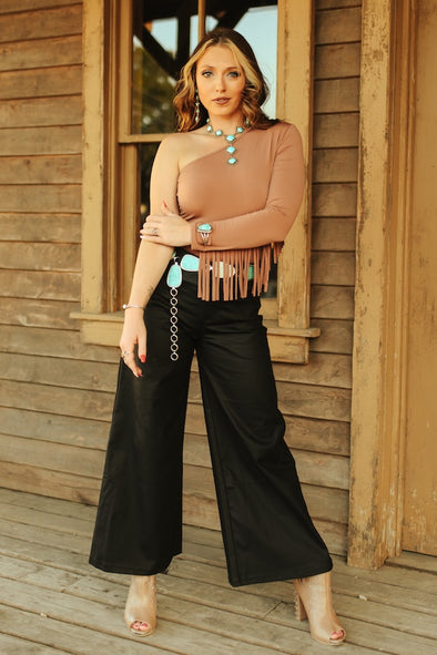 Black Faux Leather Cropped Wide Leg Pants