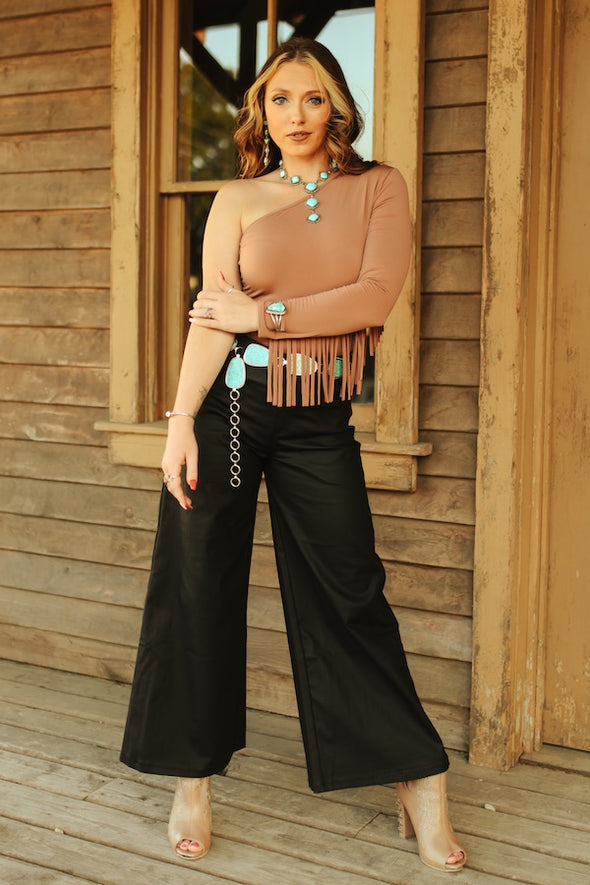 Black Faux Leather Cropped Wide Leg Pants