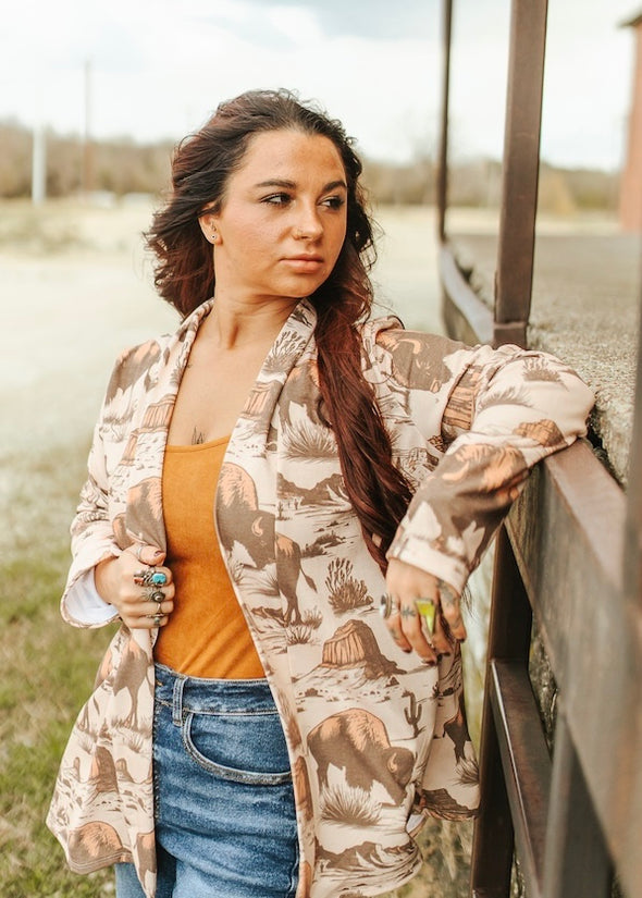 Beige Buffalo Print Cardigan