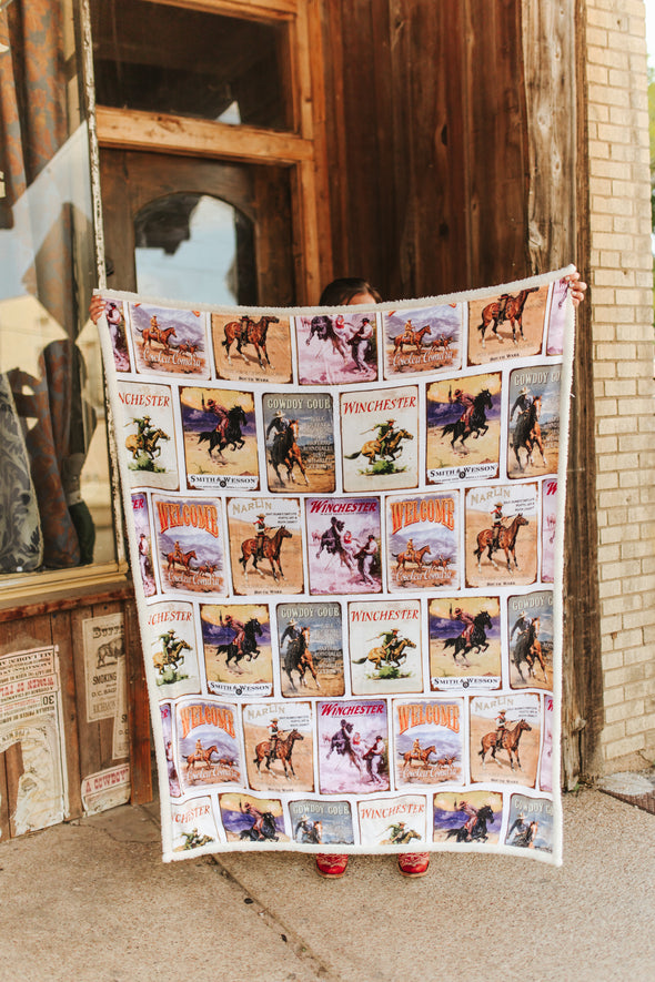 Western Post Stamp Collage Printed Sherpa Blanket