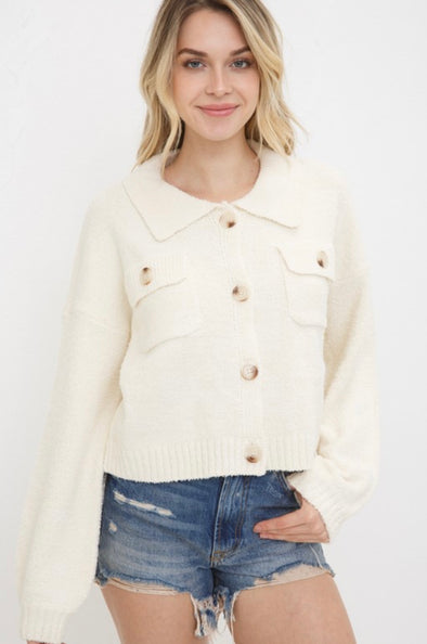 Soft Cropped Button Cream Sweater