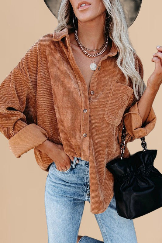 Corduroy Oversized Casual Button-Up Shirt Jacket