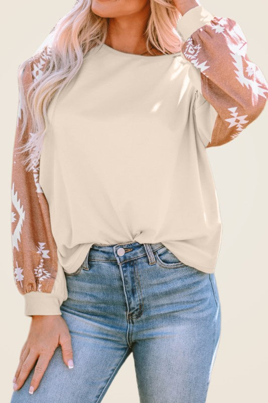 Apricot Printed Sleeves Western Long Sleeve Top