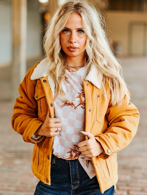 Camel puffer canvas jacket with Sherpa lining