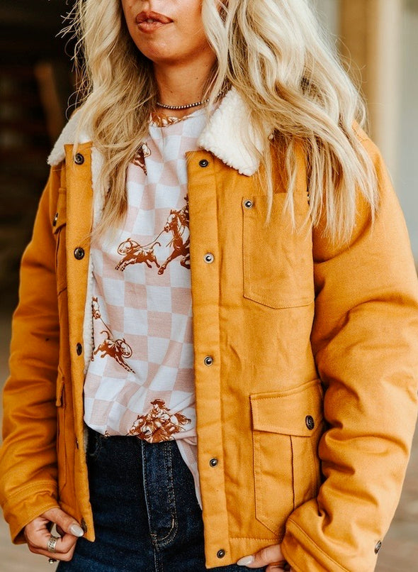 Camel puffer canvas jacket with Sherpa lining