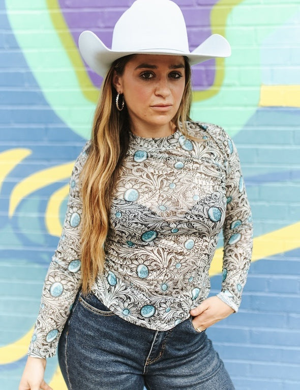 Ivory Tooled Turquoise Long Sleeve Mesh