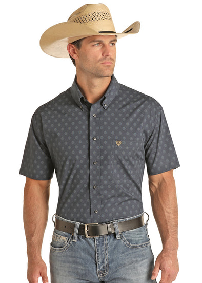 Rock N Roll Blue Medallion SS Pearl Snap Shirt