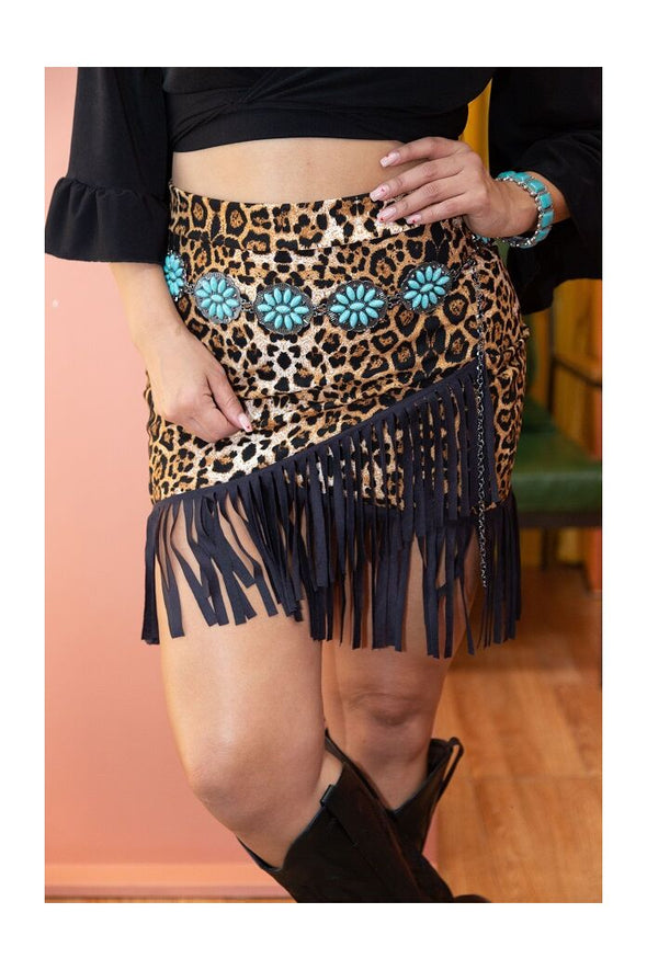 Leopard Wrap Fringe Skirt