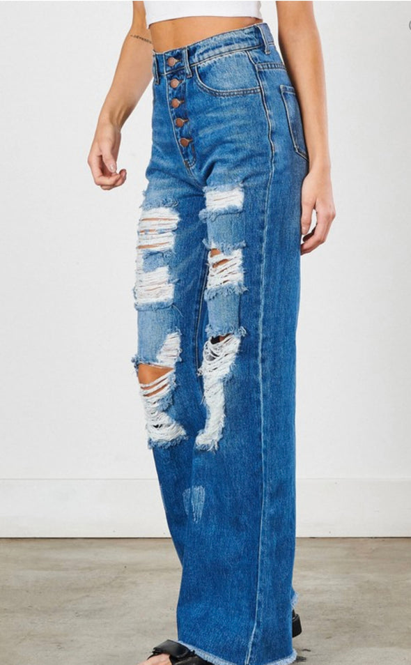 Distressed Wide Leg with Exposed Buttons