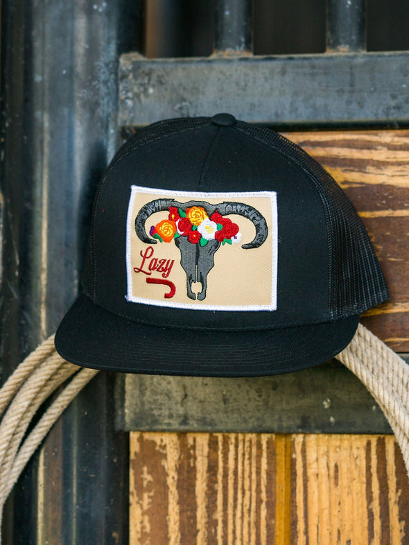 Lazy J  Skull and Flowers Cap Solid Black